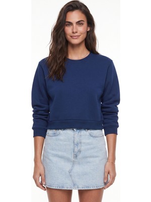 Onloox Lacivert Şardonlu Bisiklet Yaka Basic Crop Uzun Kollu Ribana Detaylı Sweatshirt