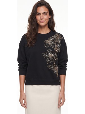Onloox Siyah Pamuklu Esnek Bisiklet Yaka Relaxed Form Çiçek Boncuk Işlemeli Sweatshirt