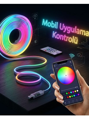 Akıllı Rgb LED Neon Şerit Işık 3m USB Bağlantılı Uzaktan Kumanda ve Mobil Uygulama Kontrolü