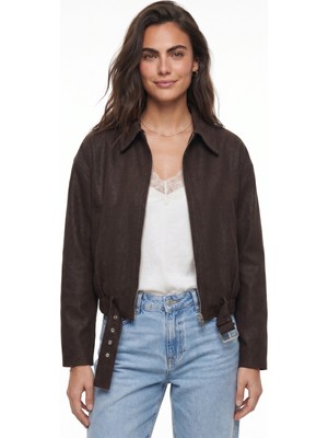 Onloox Kahverengi Denim Pamuklu Gömlek Yaka Oversize Belden Kemerli Fermuarlı Bomber Ceket