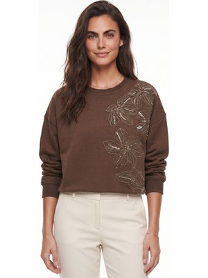 Onloox Kahverengi Pamuklu Esnek Bisiklet Yaka Relaxed Çiçek Boncuk Işlemeli Sweatshirt