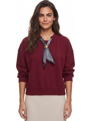 Onloox Bordo Pamuklu Ottoman Dokulu Düşük Omuz Fular Detaylı Uzun Kollu Sweatshirt