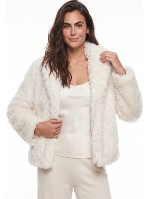 Onloox Krem Polyester Yumuşak Dokulu Peluş Uzun Kollu Rahat Kesim Tüylü Mont