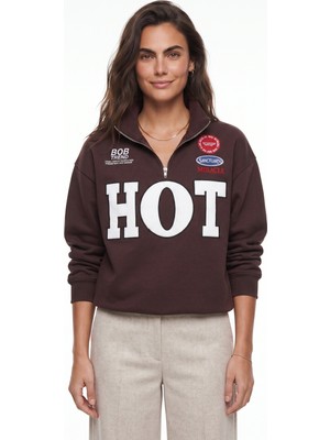 Onloox Acı Kahve Pamuklu Üç Iplik Şardonlu Dik Yaka Oversize Fermuarlı Işlemeli Sweatshirt