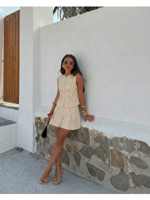 Asur Boutique Asur Butik Kadın Tüvit Gold Düğmeli Yelek Şort Etek Takım Şık Yazlık Ikili Takım