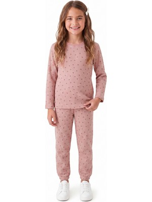 Onloox Kız Çocuk Gülkurusu Müslin Pamuklu Bisiklet Yaka Uzun Kollu Regular Çiçekli Pijama Takımı (4-8 Yaş)