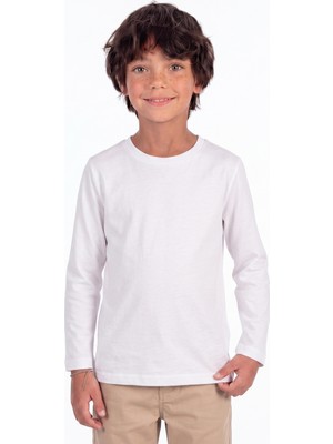 Onloox Erkek Çocuk Beyaz Pamuklu Penye Bisiklet Yaka Uzun Kollu Regular Fit Düz Basic Tişört (5-14 Yaş)