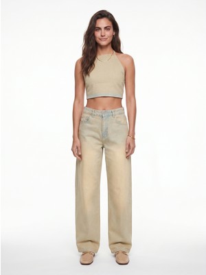 Onloox Buğday Pamuklu Boyundan Bağlamalı Crop Top Yüksek Bel Wide Leg Denim Pantolon Ikili Takım