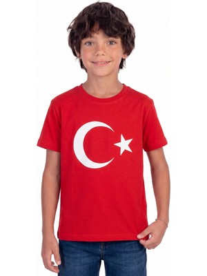 Onloox Erkek Çocuk Kırmızı Pamuklu Bisiklet Yaka Kısa Kollu Regular Türk Bayrağı Baskılı Tişört (4-14 Yaş)