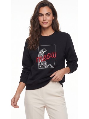 Onloox Siyah Pamuklu Bisiklet Yaka Uzun Kollu Leopar Baskılı Detaylı Sweatshirt T-Shirt