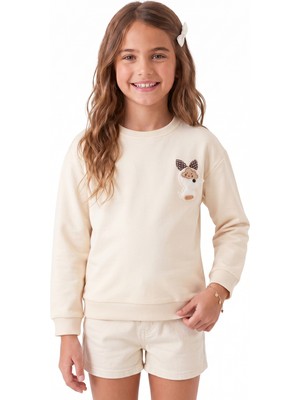 Onloox Kız Çocuk Krem Pamuklu Bisiklet Yaka Regular Kalıp Civciv Aksesuarlı Sweatshirt (2-6 Yaş)