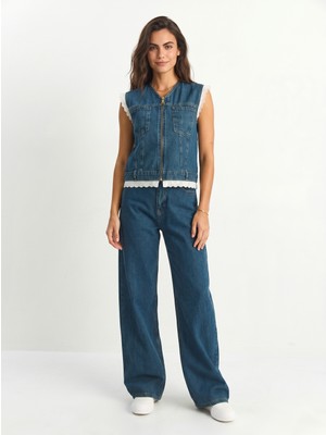 Onloox Lacivert Denim Kumaş Yüksek Bel Wide Leg Pantolon Dantel Detaylı Fermuarlı Yelek Ikili Takım