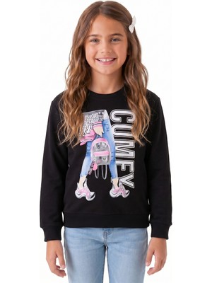 Onloox Kız Çocuk Siyah Pamuklu Bisiklet Yaka Uzun Kollu Regular Pullu Baskılı Sweatshirt (9-12 Yaş)