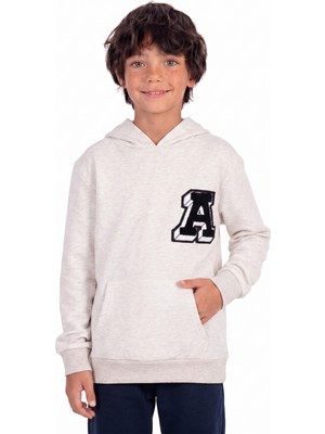 Onloox Erkek Çocuk Bej Melanj Pamuklu Kapüşonlu Regular Fit A Harfi Nakışlı Sweatshirt (9-14 Yaş)