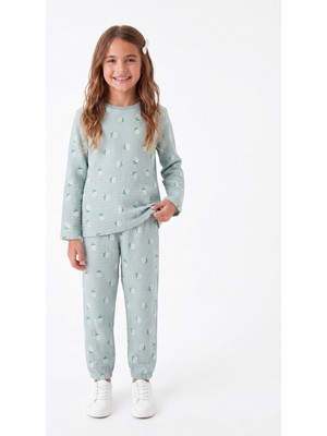 Onloox Kız Çocuk Su Yeşili Müslin Pamuklu Bisiklet Yaka Uzun Kol Papatya Desenli Pijama Takımı (4-8 Yaş)