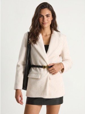 Onloox Krem Peluş Dokulu Astarlı Kemerli Cep Detaylı Polyester Karışımlı Blazer Ceket