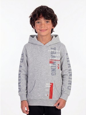 Onloox Erkek Çocuk Gri Melanj Pamuklu Kapüşonlu Tam Kalıp Baskılı Kanguru Cepli Sweatshirt (9-10 Yaş)