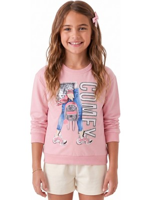 Onloox Kız Çocuk Pudra Pamuklu Bisiklet Yaka Uzun Kollu Pullu Simli Baskılı Sweatshirt (9-14 Yaş)