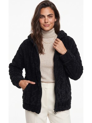Onloox Siyah Kendinden Desenli Peluş Kumaş Kapüşonlu Fermuarlı Cep Detaylı Örme Hırka