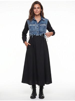 Onloox Siyah Denim Garnili Uzun Kollu Gömlek Yaka Kloş Kesim Belden Büzgülü Cepli Maxi Elbise
