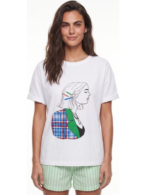 Onloox Beyaz Pamuklu Karışımlı Kısa Kollu Oversize Bisiklet Yaka Önü Baskılı Penye T-Shirt