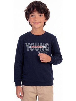 Onloox Erkek Çocuk Lacivert Pamuklu Bisiklet Yaka Uzun Kollu Regular Baskılı Örme Sweatshirt (8-12 Yaş)