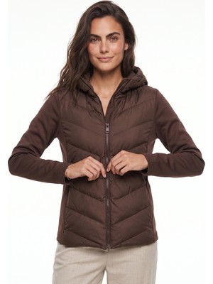 Onloox Acı Kahve Polyester Kumaş Kapüşonlu Slim Fit Fermuarlı Garnili Şişme Mont Hoodie