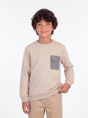 Onloox Erkek Bej Pamuklu Iki Iplik Bisiklet Yaka Regular Fit Kapaklı Cep Detaylı Sweatshirt (9-10 Yaş)