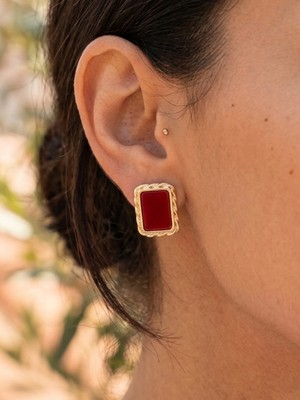 Aurrari Gold Bordo Mineli Dörtgen Burgu Küpe