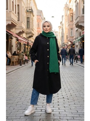 Sefa Merve Önden Düğmeli Kapüşonlu Kaşe Kap 0188-01 Siyah