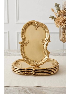 Kitchen Life 6'lı Bulut Gold Işlemeli Vintage Tepsi,şık Servis Tabağı-Sunum Tepsisi Sunumluk 31 cm