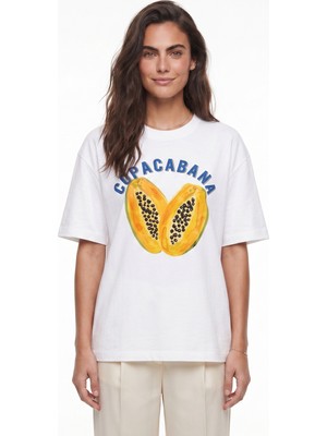 Onloox Beyaz Pamuklu Bisiklet Yaka Kısa Kollu Oversize Papaya Baskılı Basic T-Shirt