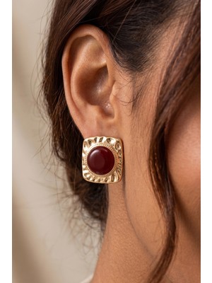 Aurrari Gold Dörtgen Vintage Bordo Mineli Küpe