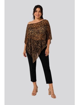 Düşük Omuz Asimetrik Oversize Kesim Leopar Desen Transparan Yazlık Panço Bluz-Kahve