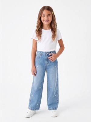 Onloox Kız Çocuk Açık Mavi Pamuklu Geniş Paça Regular Papatya Nakışlı Jean Pantolon (1.5-5 Yaş)