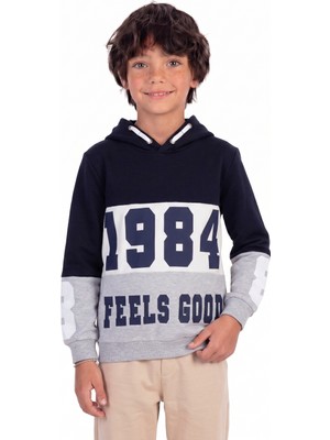 Onloox Erkek Lacivert Pamuklu Iki Iplik Uzun Kollu Regular Sabit Kapüşonlu Baskılı Sweatshirt (8 Yaş)