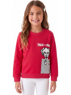 Onloox Kız Çocuk Fuşya Pamuklu Uzun Kollu Regular Köpek Baskılı Cepli Sweatshirt (2-6 Yaş)