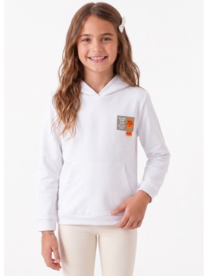 Onloox Kız Çocuk Beyaz Pamuklu Iki Iplik Kapüşonlu Regular Kalıp Arma Detaylı Sweatshirt (4-8 Yaş)