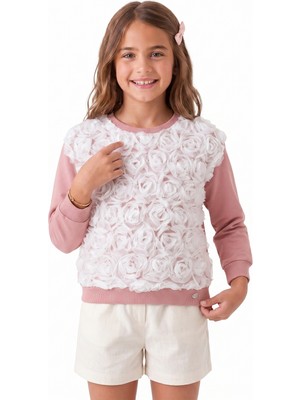 Onloox Kız Gülkurusu Pamuklu Bisiklet Yaka  Regular Organze Kabartmalı Gül Detaylı Sweatshirt (6-12 Yaş)