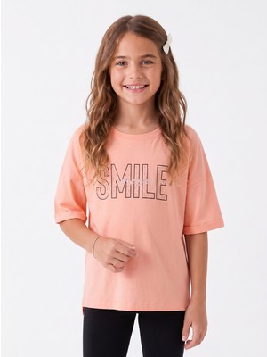 Onloox Kız Çocuk Somon Pamuklu Penye Bisiklet Yaka Regular Smile Yazı Baskılı Taşlı Tişört (9-16 Yaş)