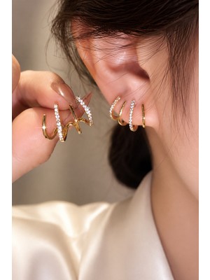 Trend Collection Gold Zirkon Taşlı Çoklu Görünümlü Küpe