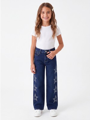 Onloox Kız Çocuk Koyu Mavi Pamuklu Geniş Paça Regular Taşlı Yıldız Baskılı Denim Jean Pantolon (5-9 Yaş)