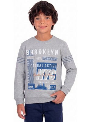 Onloox Erkek Çocuk Açık Gri Melanj Pamuklu Bisiklet Yaka Regular Fit Yazı Baskılı Sweatshirt (8-9 Yaş)