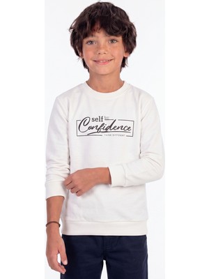 Onloox Erkek Çocuk Ekru Pamuklu Bisiklet Yaka Uzun Kollu Regular Yazı Baskılı Sweatshirt (8-14 Yaş)