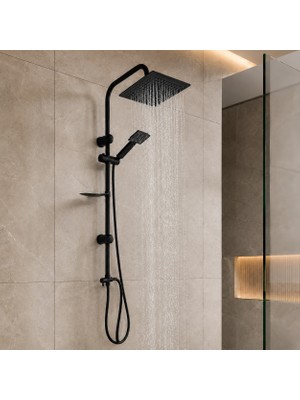 ilhan Mat Siyah Kare Tepe Duş Seti Yağmur Başlıklı El Duşlu Banyo Duş Sistemi