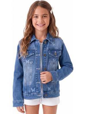 Onloox Kız Çocuk Mavi Denim Gömlek Yaka Regular Kesim Kelebek Baskılı Jean Ceket (6-12 Yaş)