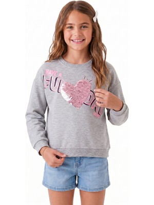 Onloox Kız Çocuk Açık Gri Melanj Pamuklu Bisiklet Yaka Uzun Kollu Pullu Yazı Baskılı Sweatshirt (4 Yaş)