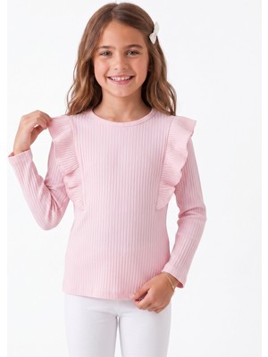 Onloox Kız Çocuk Pudra Fitilli Pamuklu Bisiklet Yaka Uzun Kollu Regular Omuzu Fırfırlı Bluz (8-9 Yaş)