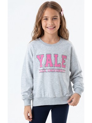 Onloox Kız Çocuk Gri Melanj Pamuklu Bisiklet Yaka Uzun Kollu Regular Baskılı Sweatshirt (8-14 Yaş)