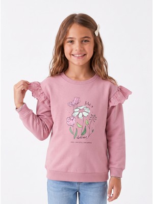 Onloox Kız Çocuk Gülkurusu Pamuklu Bisiklet Yaka Regular Kesim Omuzları Çiçek Nakışlı Sweatshirt (2-4 Yaş)